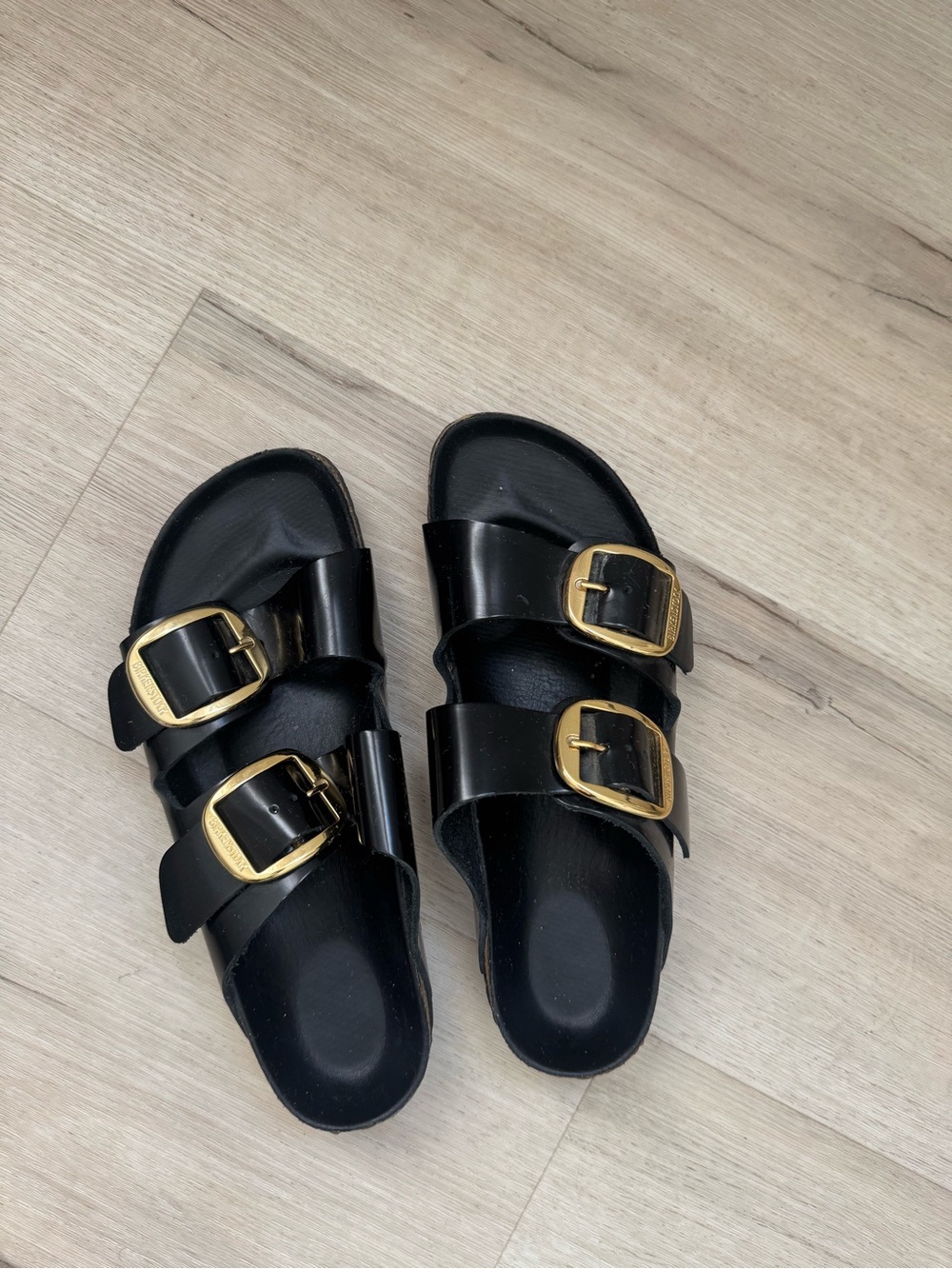Birkenstock Black Double-Buckle Slide Sandals with Gold Hardware